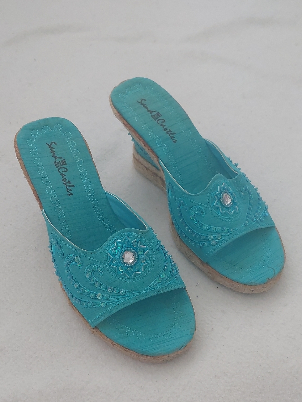 SAND CASTLES Wedge Heel Embellished Sandals NWOT - Picture 2 of 13